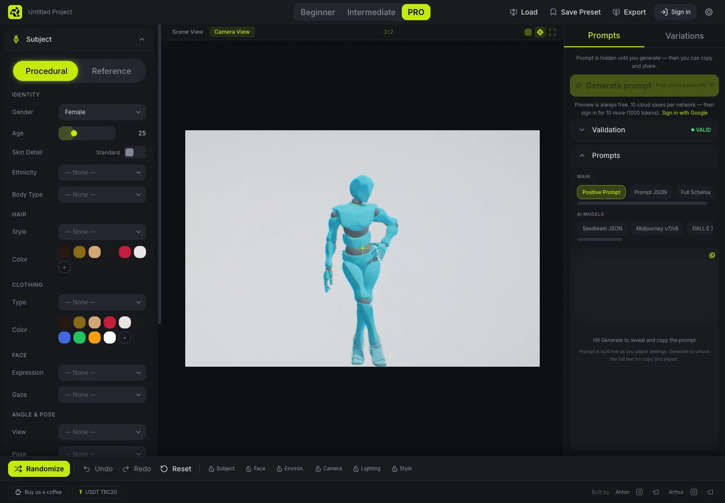 Робочий простір Reflex Studio з 3D-сценою та редактором промпта